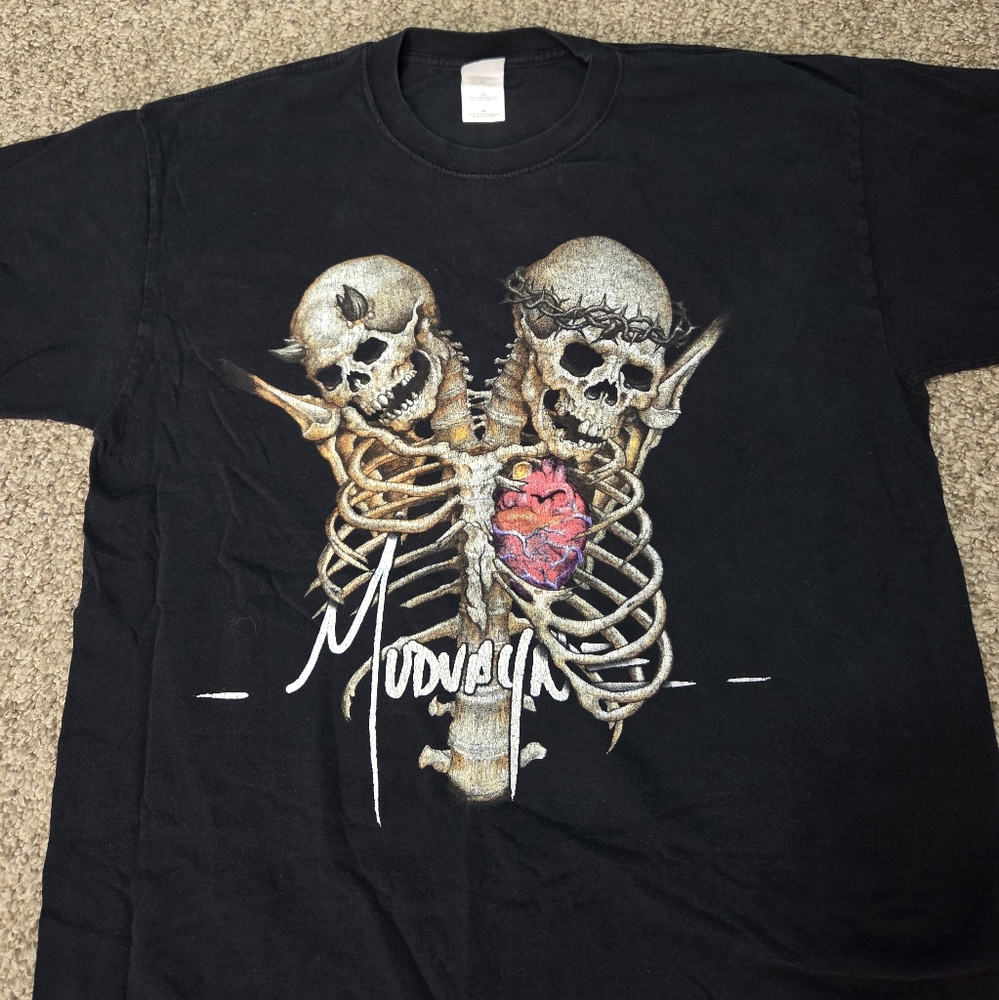 Vtg Y2K Mudvayne Shirt‎ XL Dual Sided Skull Spine Promo Band Tee Gildan Heavy